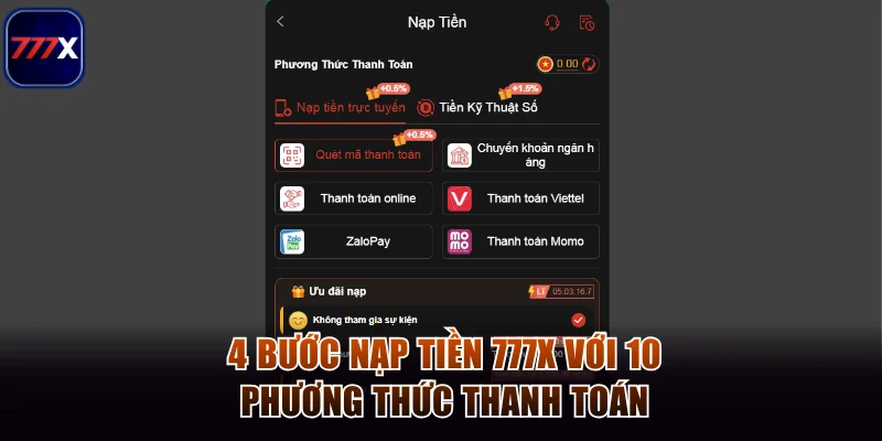 777x 10 4 bước nạp tiền 777x với 10 phương thức thanh toán